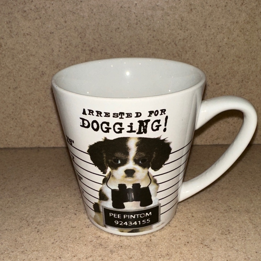 Source Unknown White Dog Mug with Arrested Design